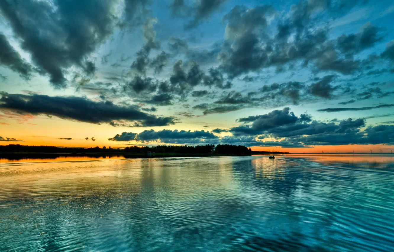 Photo wallpaper sunset, clouds, river, shore, the evening