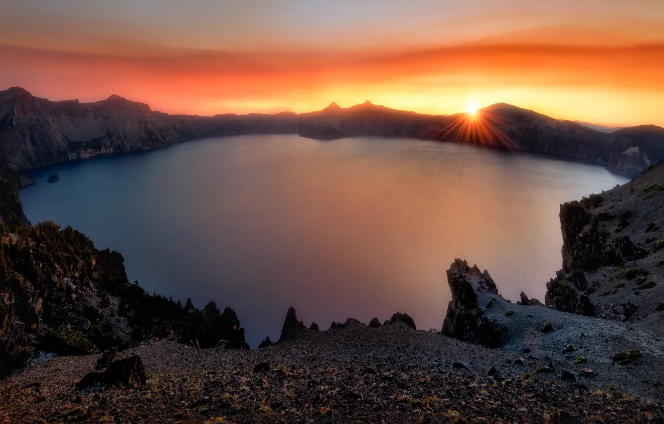 Photo wallpaper sunset, lake, crater