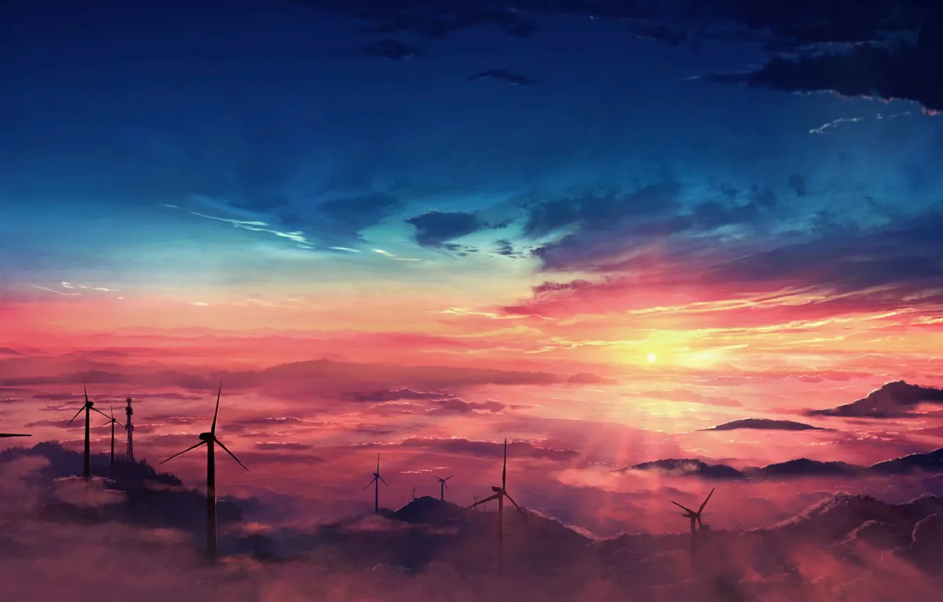 Photo wallpaper the sky, clouds, sunset, windmills