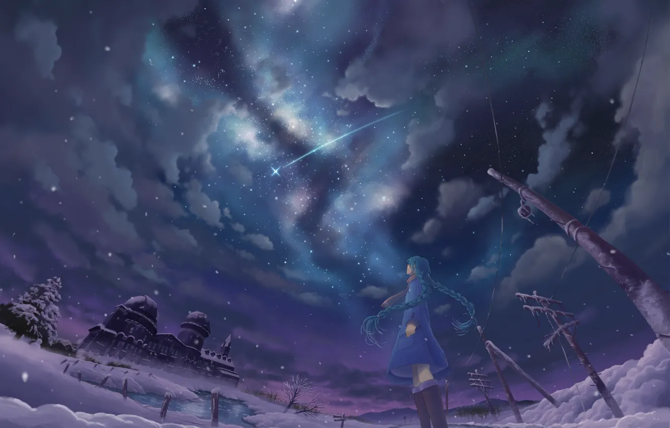 Photo wallpaper winter, the sky, girl, stars, clouds, night, posts, wire