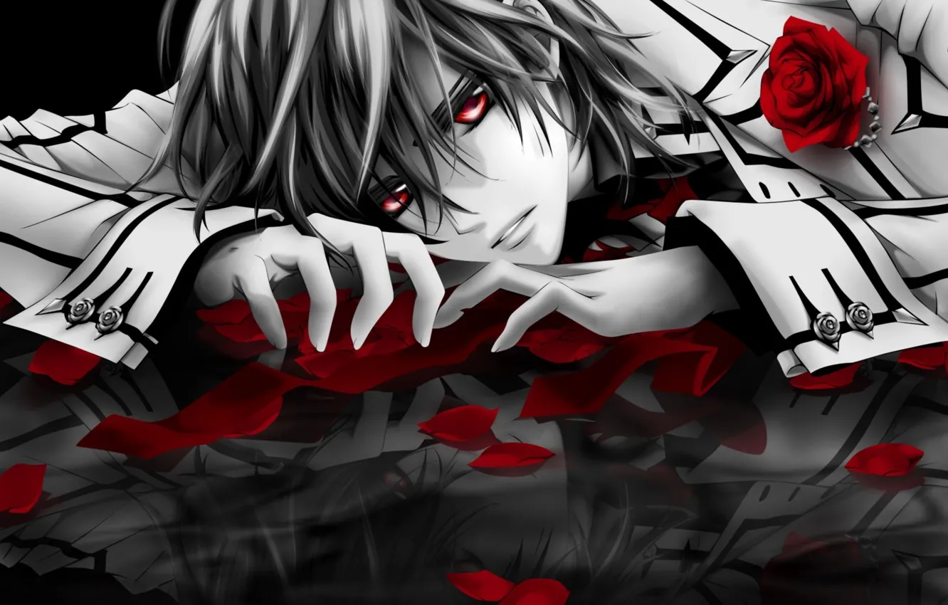 Photo wallpaper surface, reflection, roses, petals, art, vampire, red eyes, kaname kuran