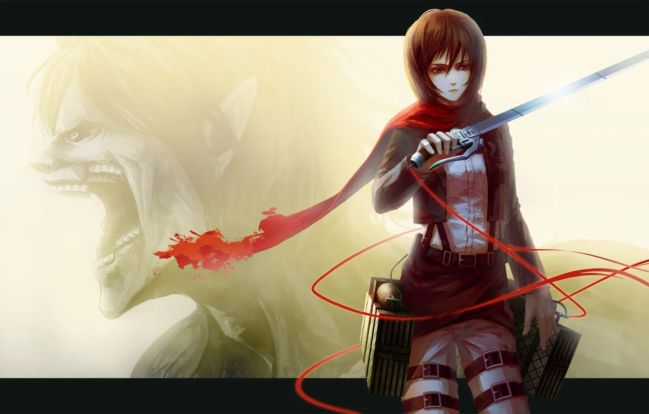 Photo wallpaper look, girl, scarf, indifference, belt, giant, swords, art