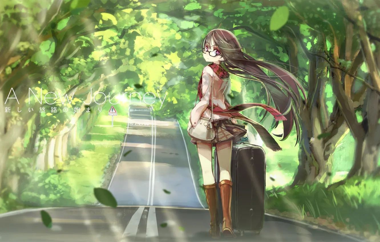 Photo wallpaper road, leaves, girl, trees, the wind, art, glasses, suitcase