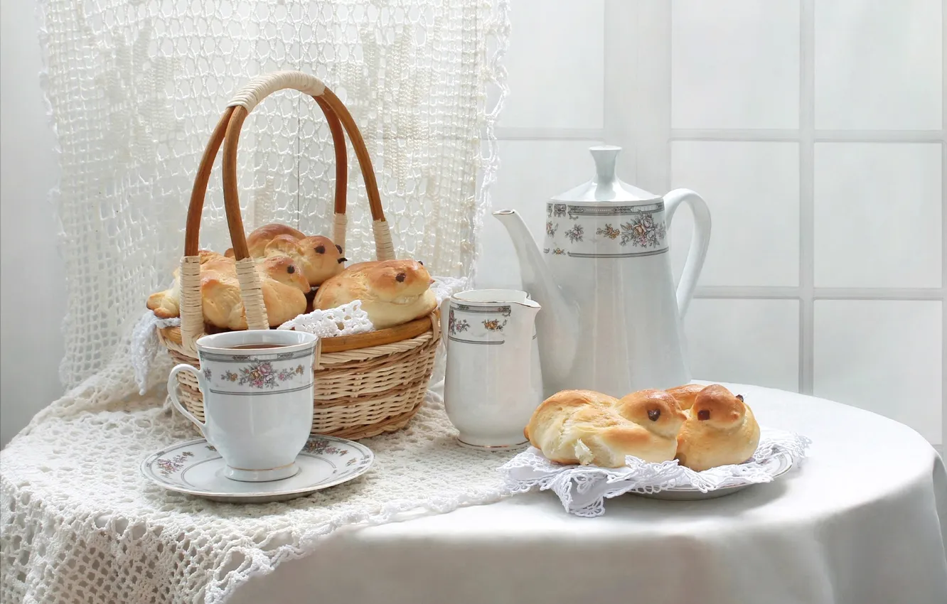 Photo wallpaper tea, basket, Cup, still life, cakes, larks