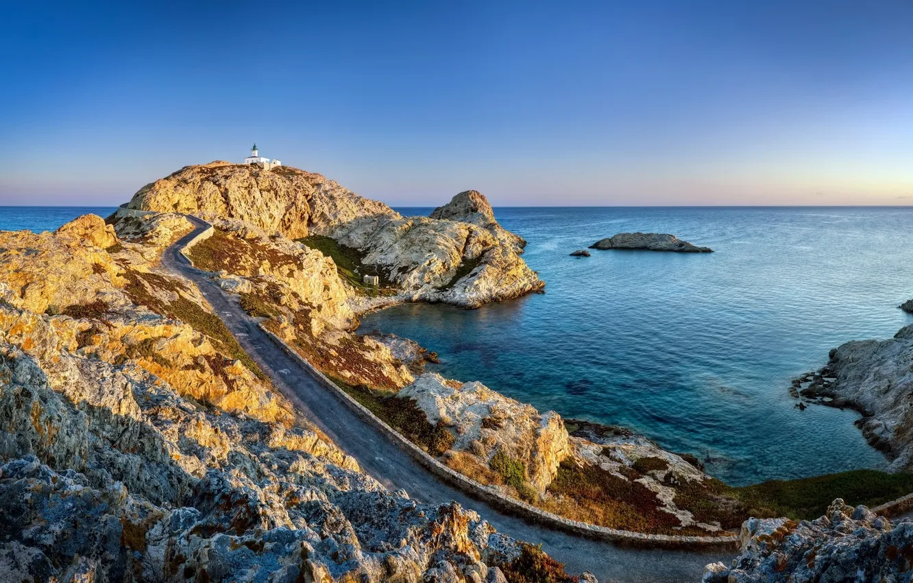 Photo wallpaper road, sea, water, stones, lighthouse