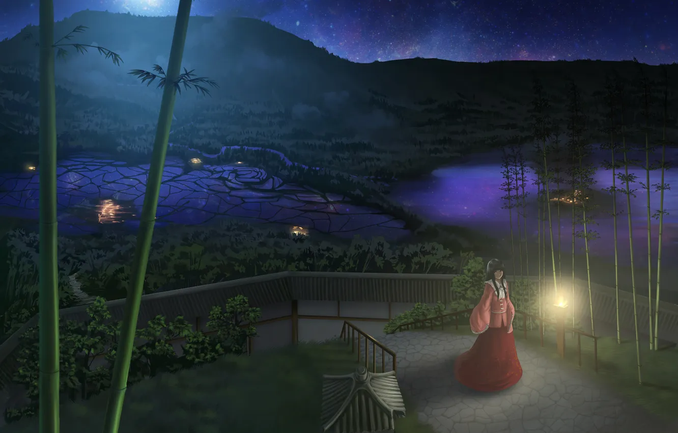 Photo wallpaper girl, stars, night, lights, Park, bamboo, walk, touhou