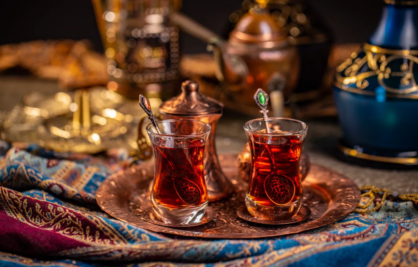 Photo wallpaper glass, background, pattern, tea, kettle, spoon, the tea party, dishes