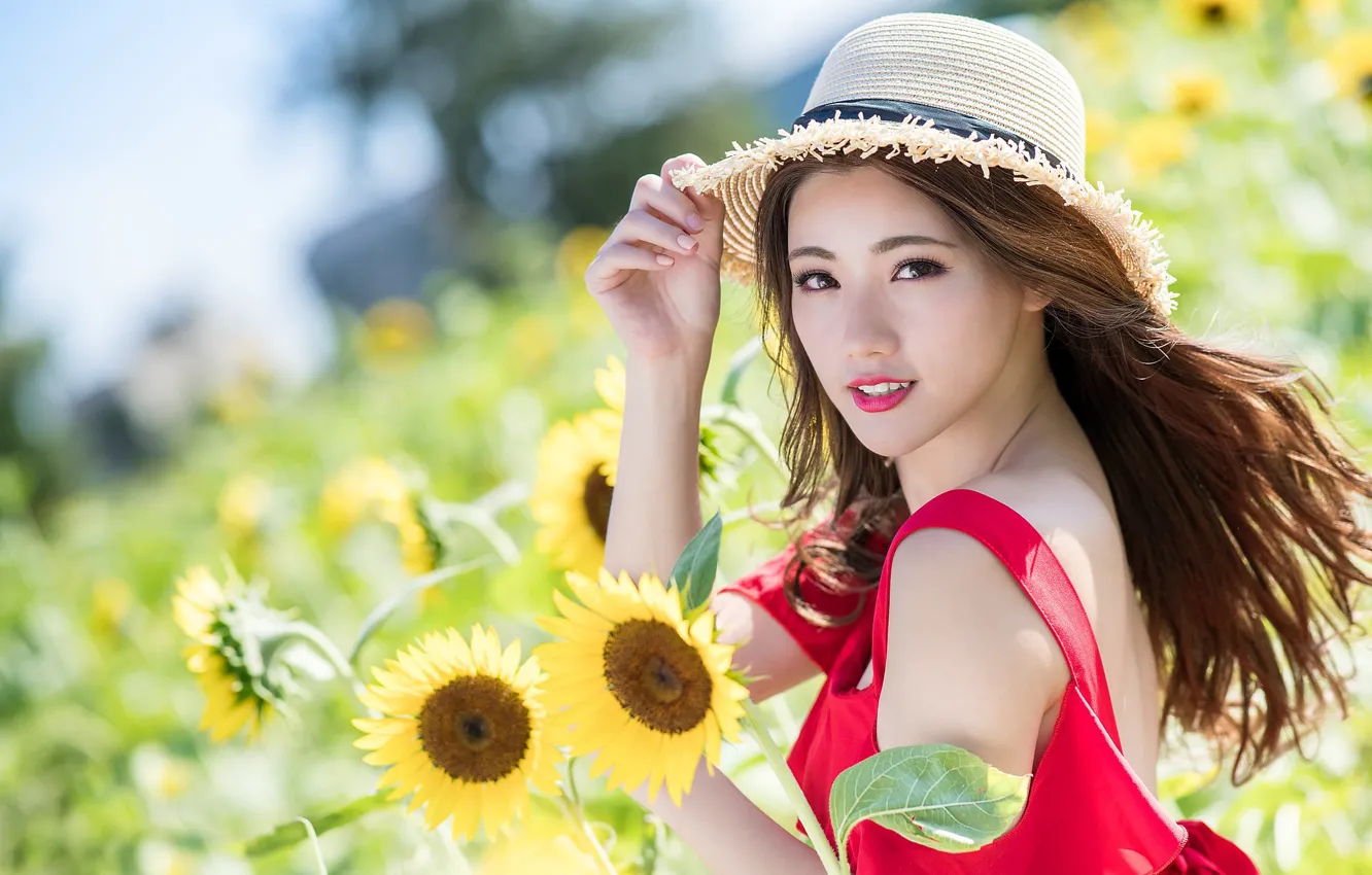 Photo wallpaper look, girl, sunflowers, hat, Asian, cutie, bokeh
