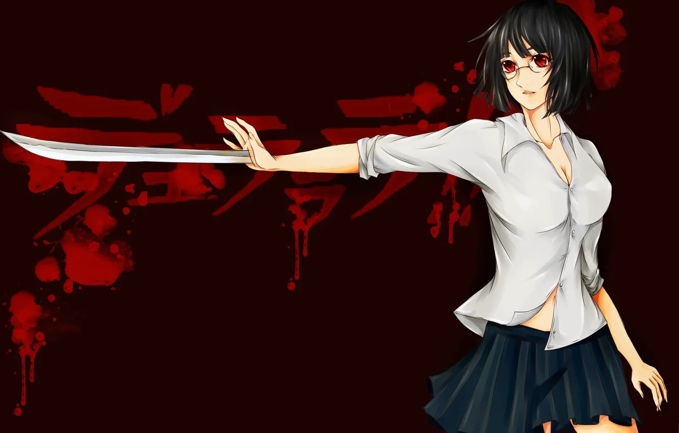 Photo wallpaper girl, sword, blood, weapon, big, anime, red eyes, katana