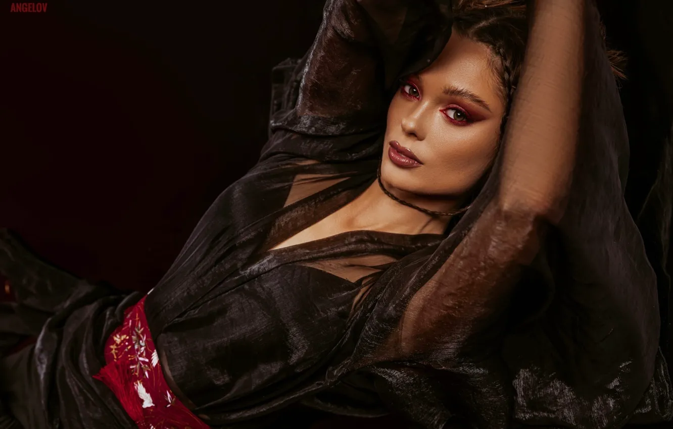 Photo wallpaper look, girl, face, pose, makeup, black background, Eugene Angels, Angelov
