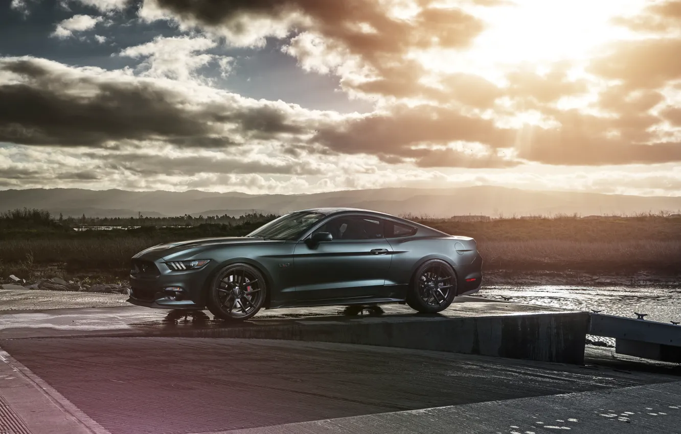 Photo wallpaper Mustang, Ford, Muscle, Car, Front, Sun, Sunset, Wheels