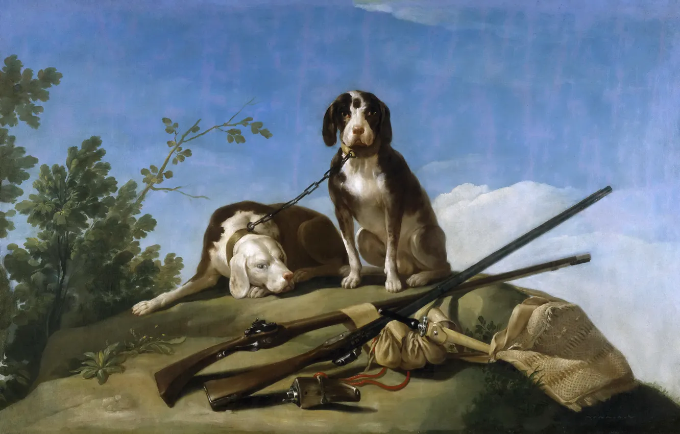 Photo wallpaper picture, hunting, the gun, Francisco Goya, Dogs on Leash