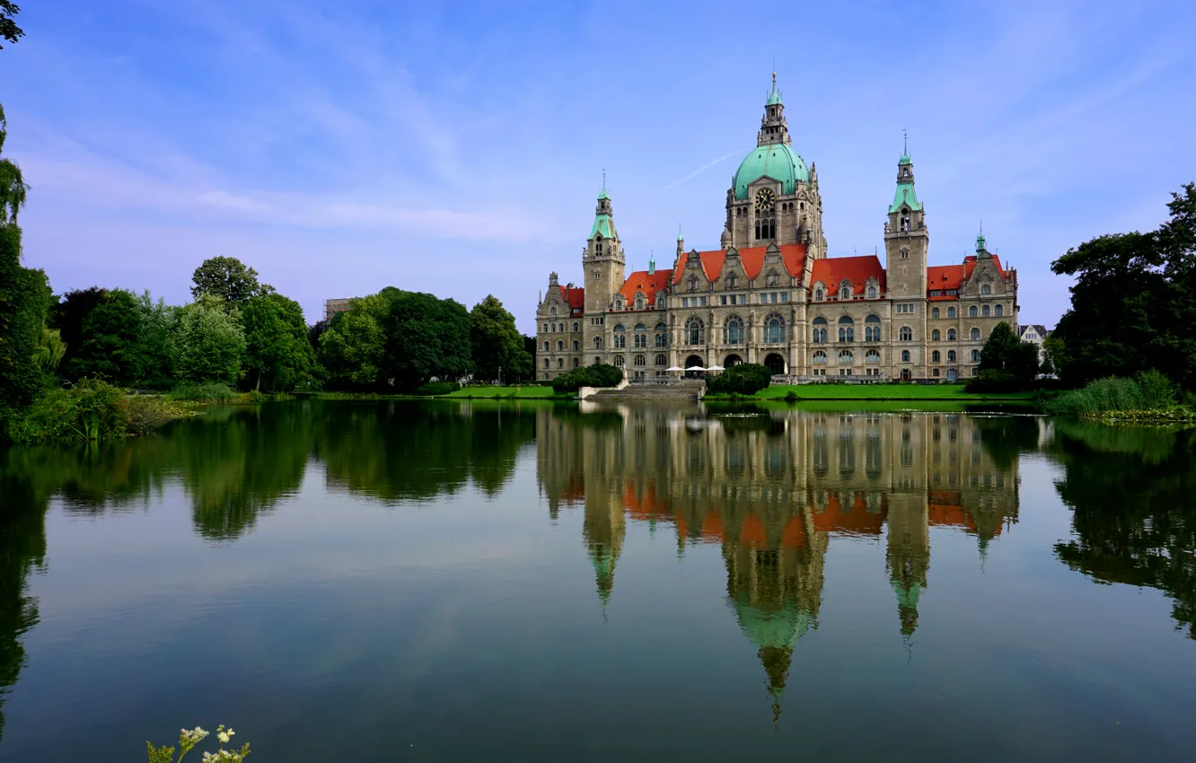Photo wallpaper water, trees, pond, reflection, castle, Germany, New Town Hall, Hanove