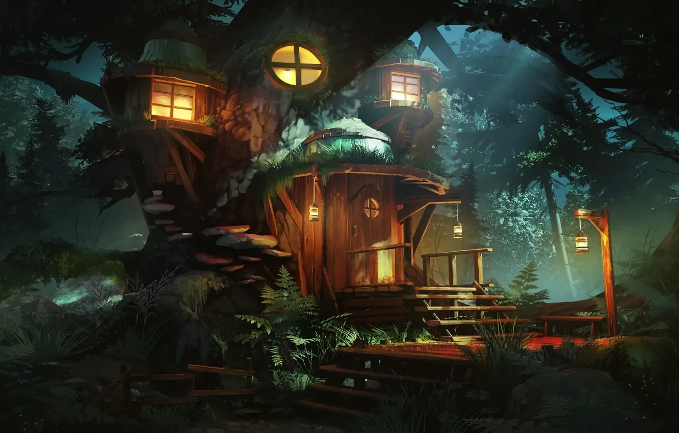 Photo wallpaper lights, house, woods