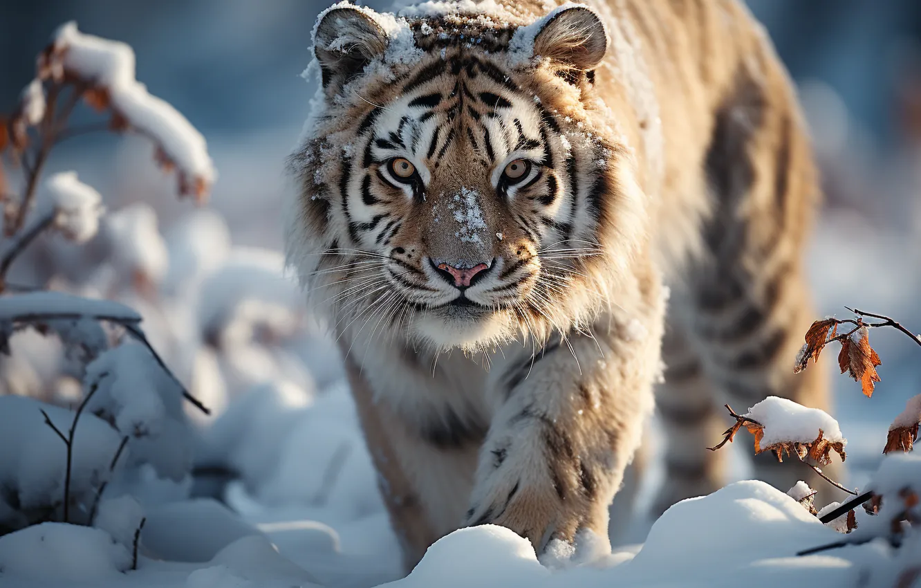 Photo wallpaper winter, look, light, snow, branches, nature, tiger, the snow