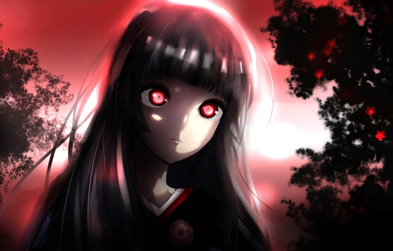 Photo wallpaper anime, night, red eyes, brunette, evil, hell, kimono, bishojo