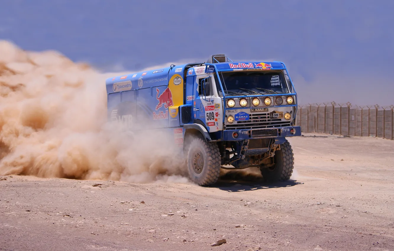 Photo wallpaper Dust, Sport, Truck, KAMAZ, Rally, KAMAZ, Dakar, First