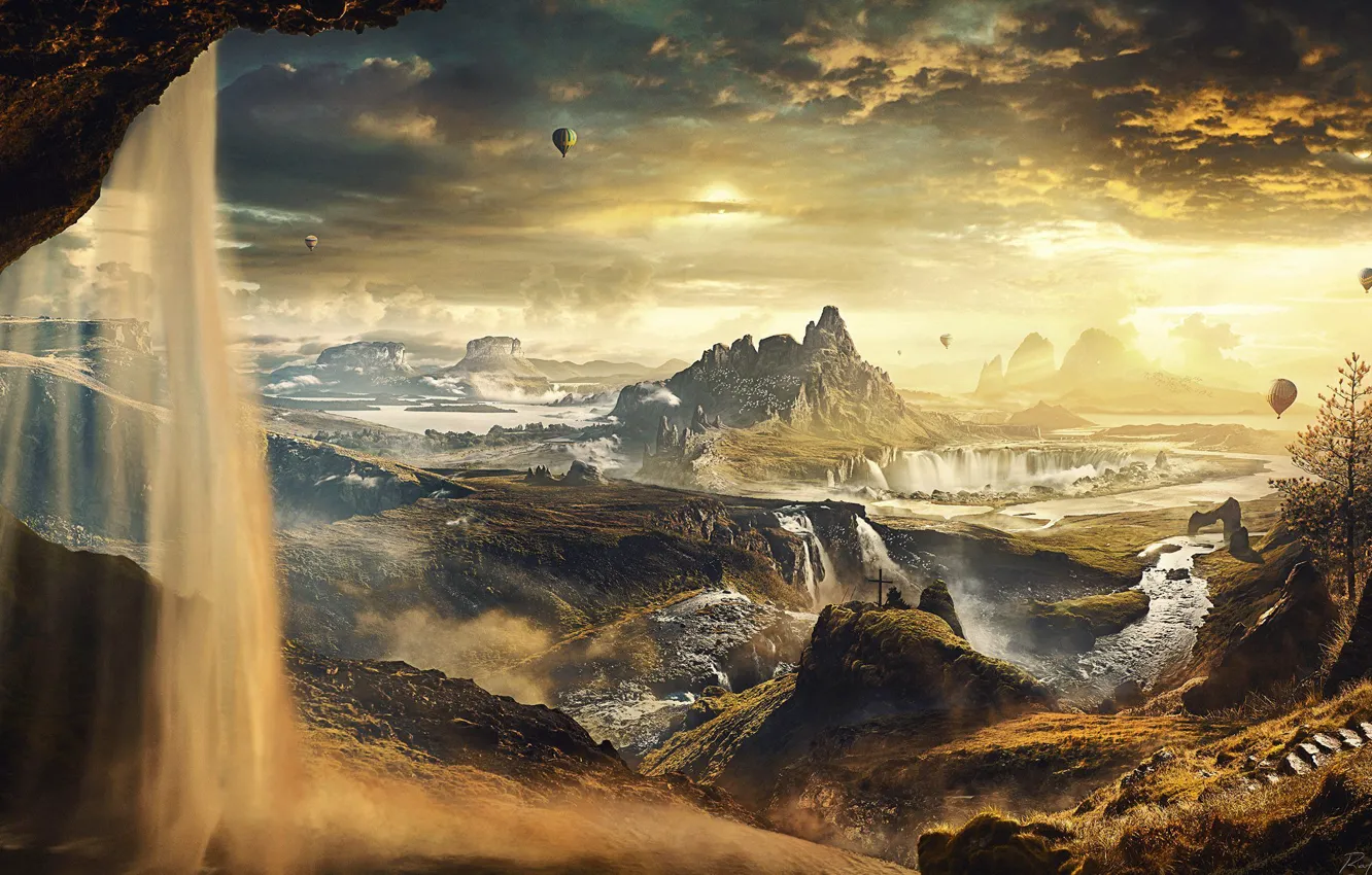 Photo wallpaper the sky, clouds, trees, mountains, river, waterfall, cross, valley