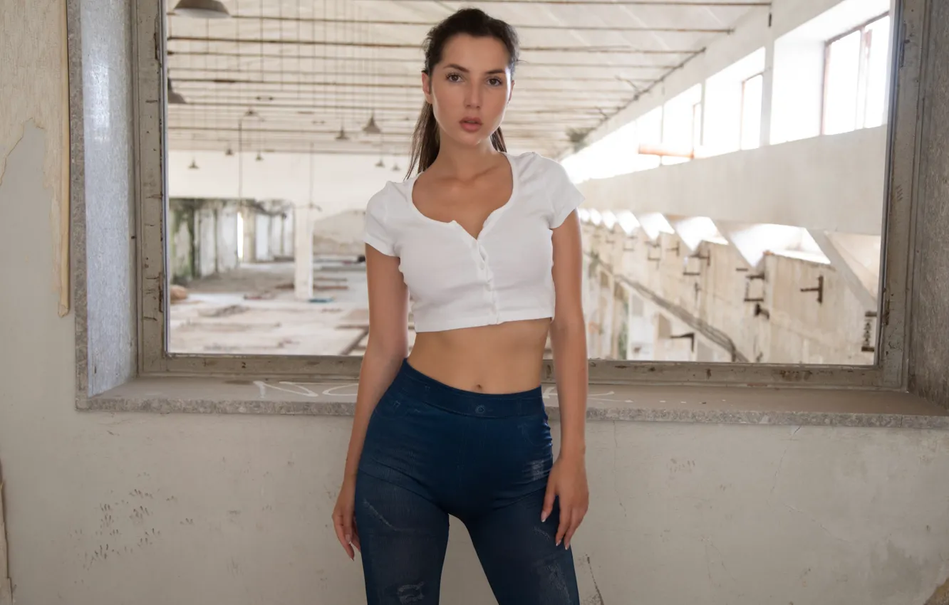 Photo wallpaper hot girl, brown hair, model, sexy woman, posing, white top, tights, hot babe