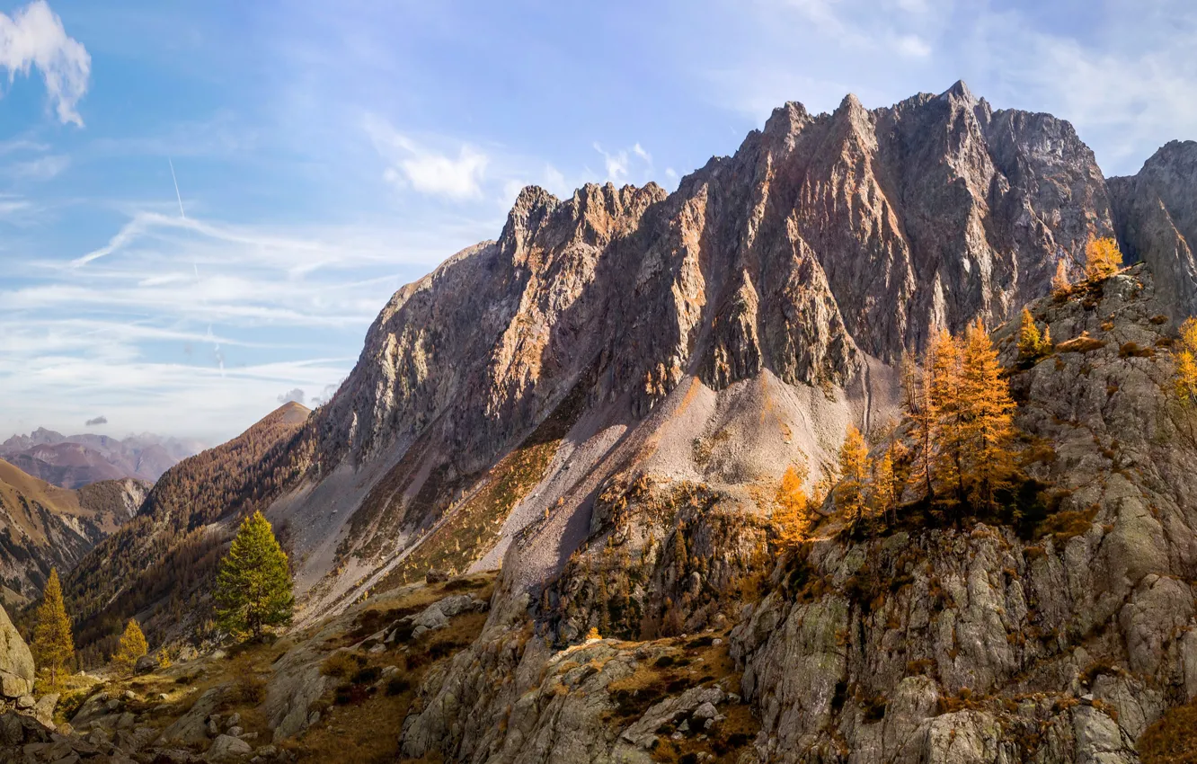 Photo wallpaper autumn, the sky, the sun, clouds, trees, mountains, stones, rocks