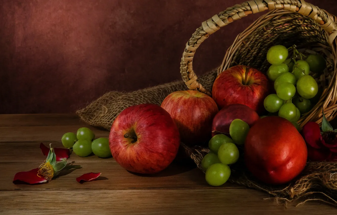 Photo wallpaper apples, grapes, fruit, still life, basket