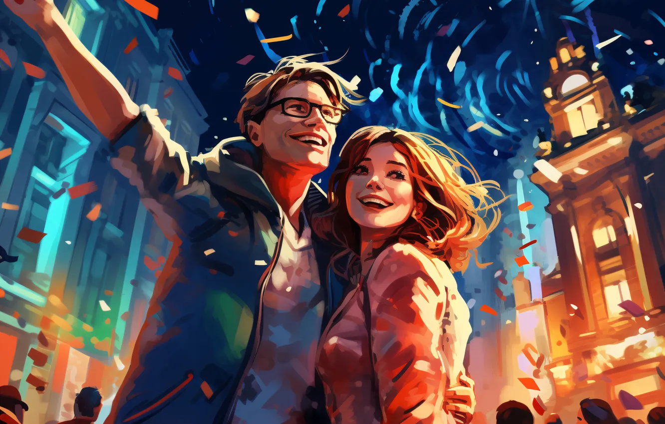 Photo wallpaper Home, Girl, Night, Smile, People, Christmas, New year, Guy