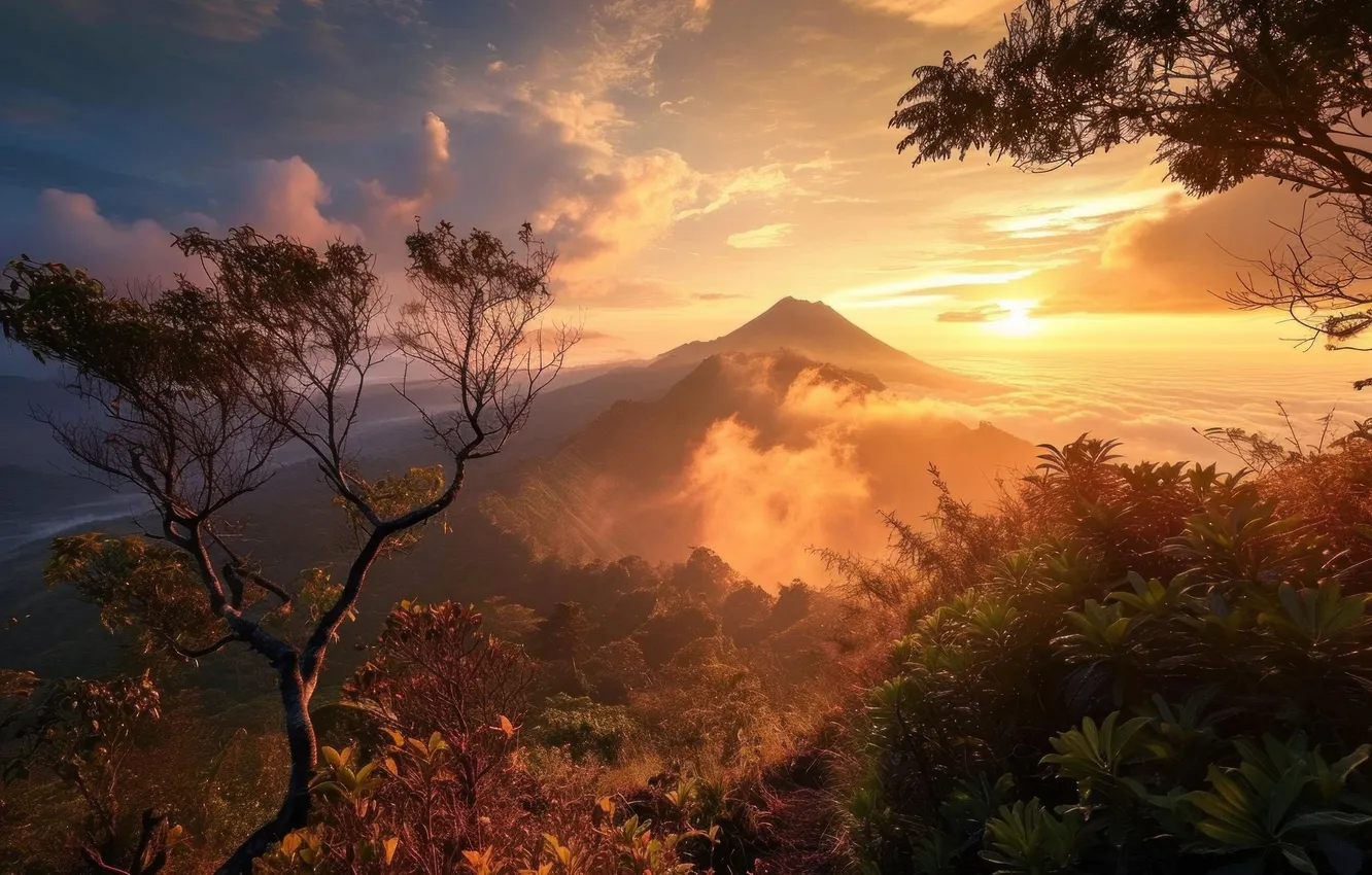 Photo wallpaper landscape, mountains, dawn, morning, AI ART