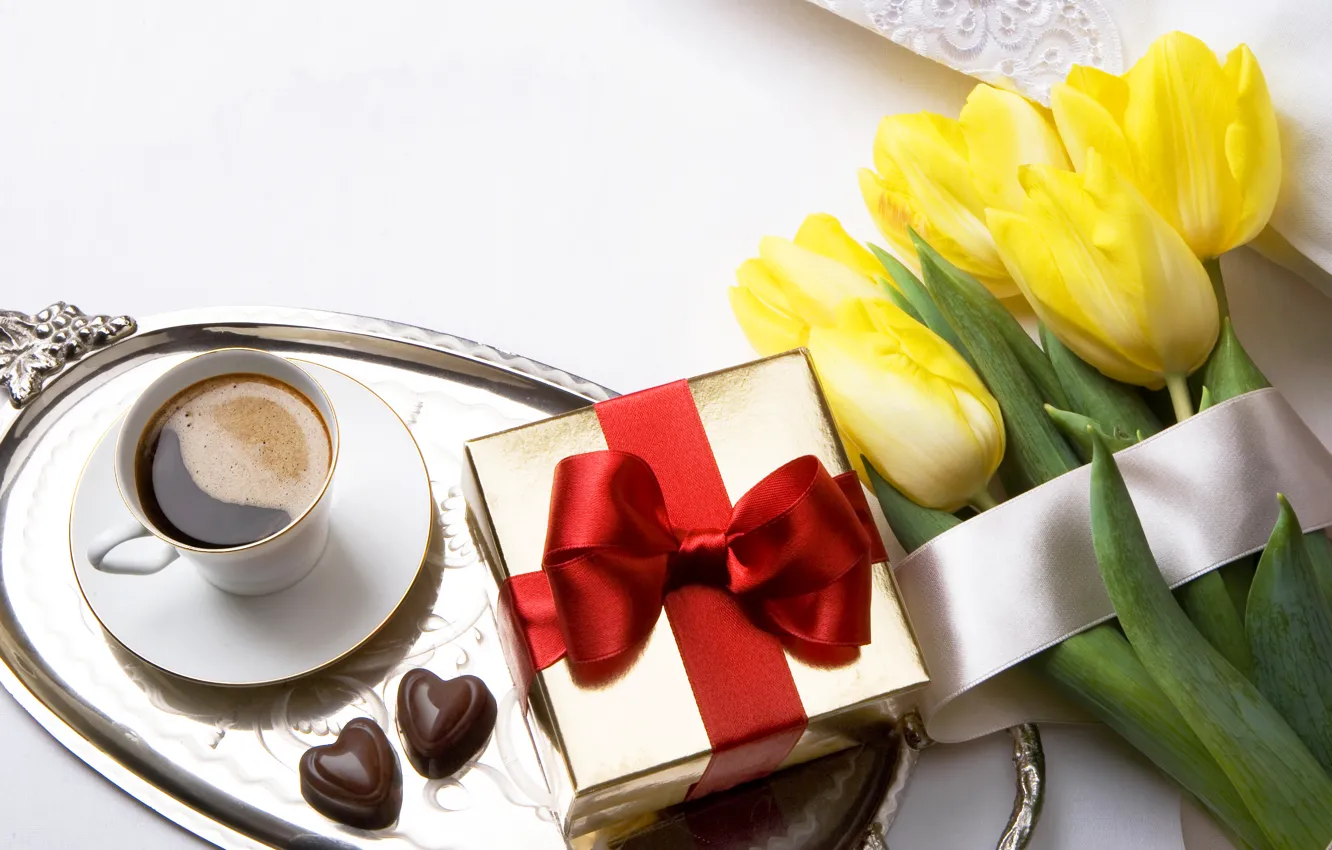 Photo wallpaper gift, romance, coffee, candy, tulips, love, romantic, Valentine's Day