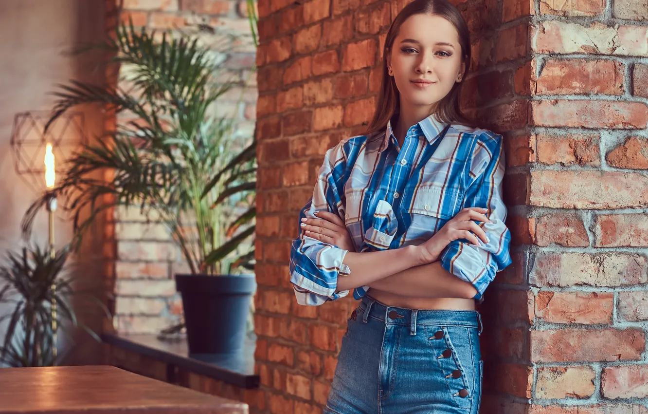 Photo wallpaper girl, sexy, young, jeans, shirt, slim, flannel