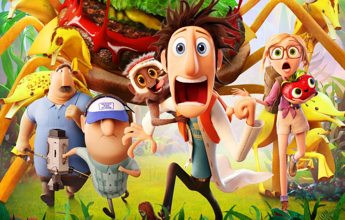Photo wallpaper cartoon, movie, cloudy, 2013, Revenge of GMOs, possible precipitation, Cloudy with a Chance of Meatballs2