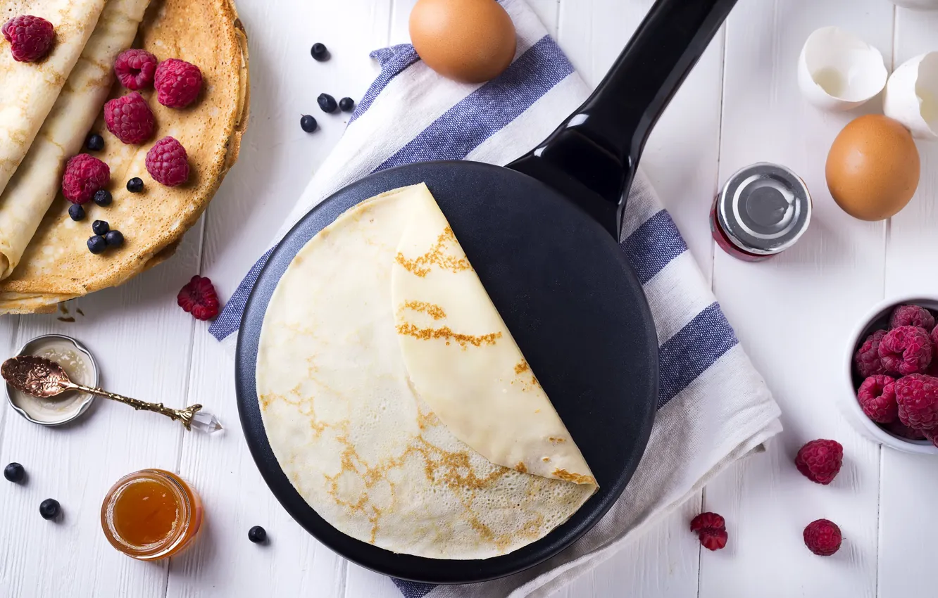 Photo wallpaper raspberry, eggs, pancakes, pan