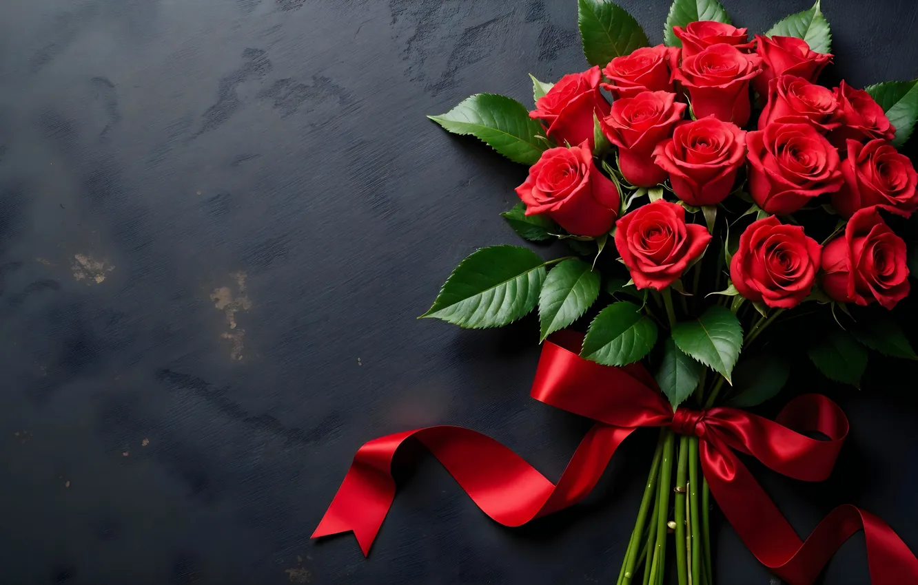 Photo wallpaper roses, bouquet, ribbon
