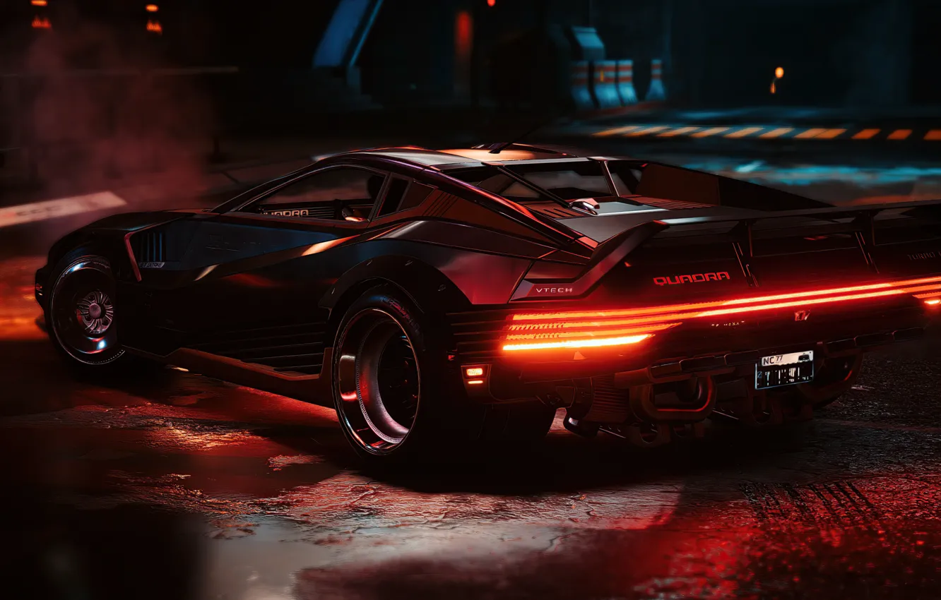 Photo wallpaper car, lights, Cyberpunk 2077, quadra, future car