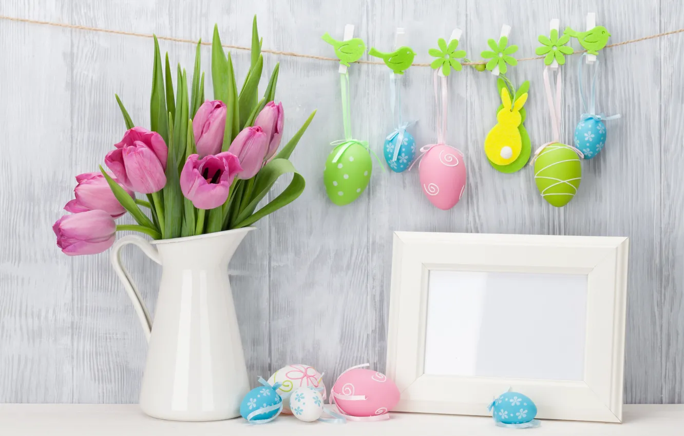 Photo wallpaper Easter, tulips, pink, pink, tulips, spring, Easter, eggs