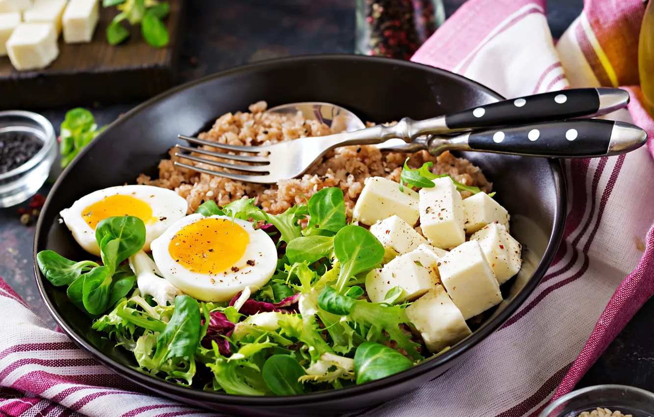 Photo wallpaper egg, food, vegetables, porridge, arugula, feta cheese