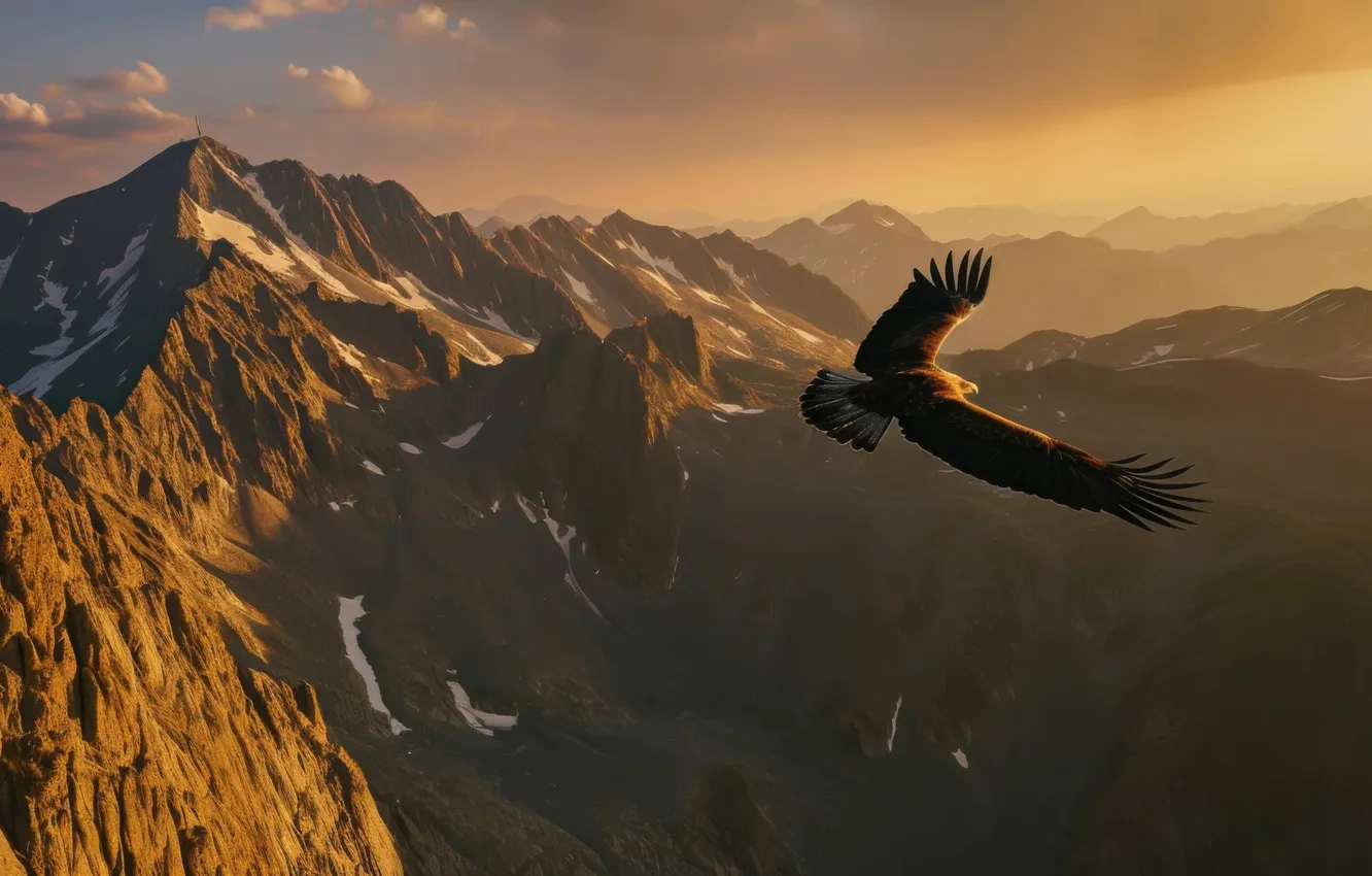 Photo wallpaper Eagle, landscape, flight, wings