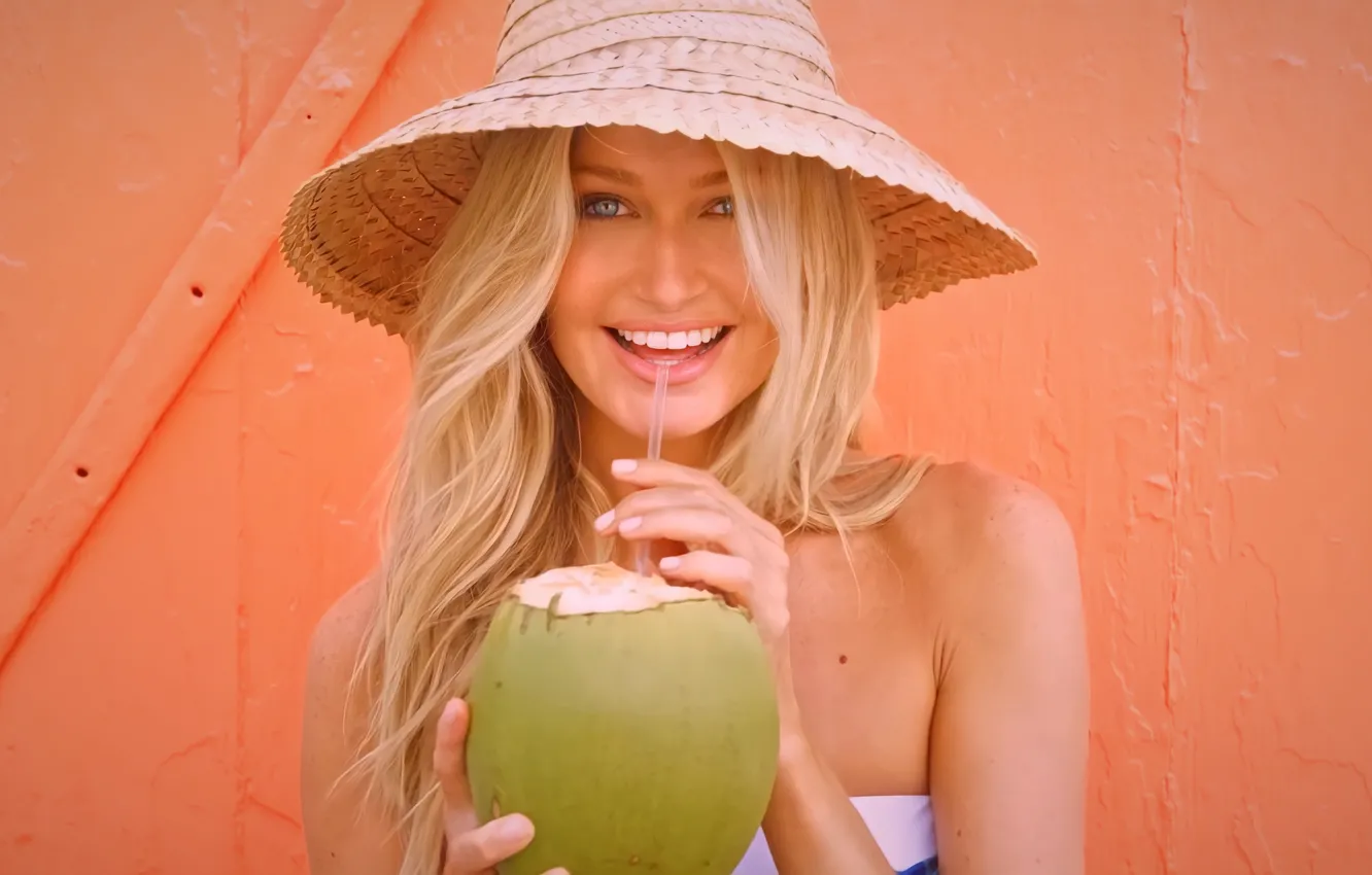 Photo wallpaper girl, beach, hat, smile, model, blonde, pose, coconut