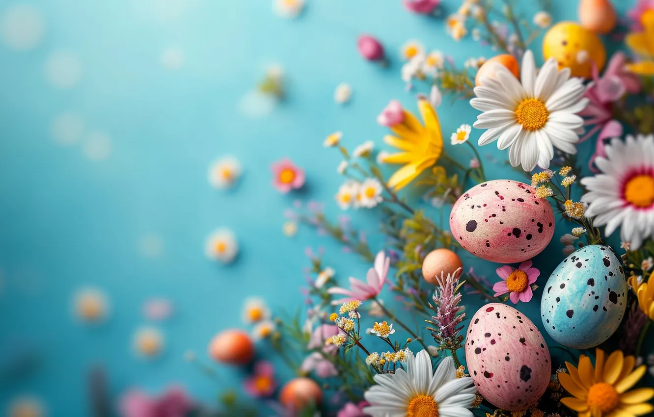 Photo wallpaper flowers, holiday, eggs, spring, Easter, painted, eggs, Easter