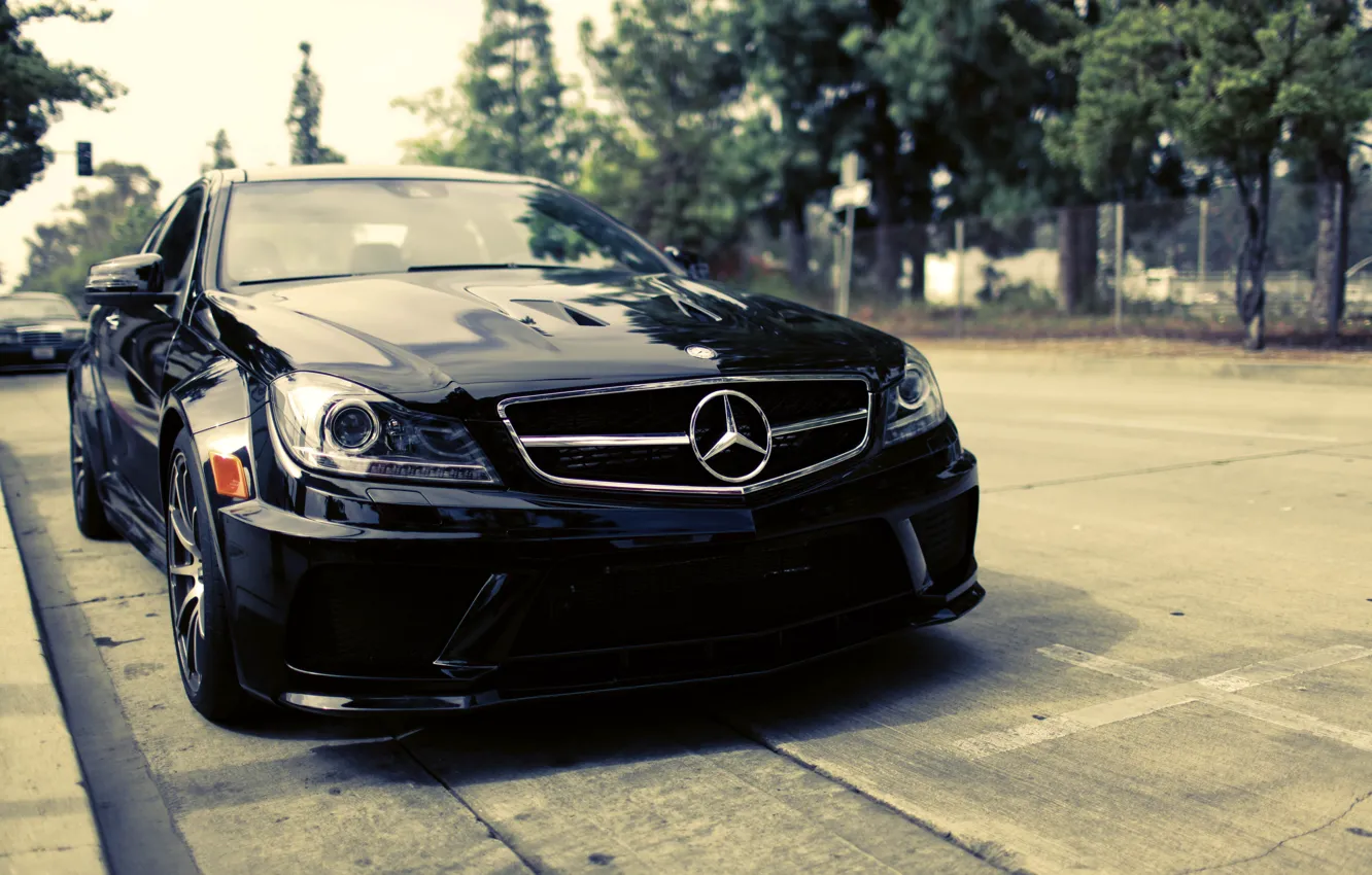 Photo wallpaper black, street, Mercedes-Benz, black, Mercedes Benz, C-Class, C204, C 63