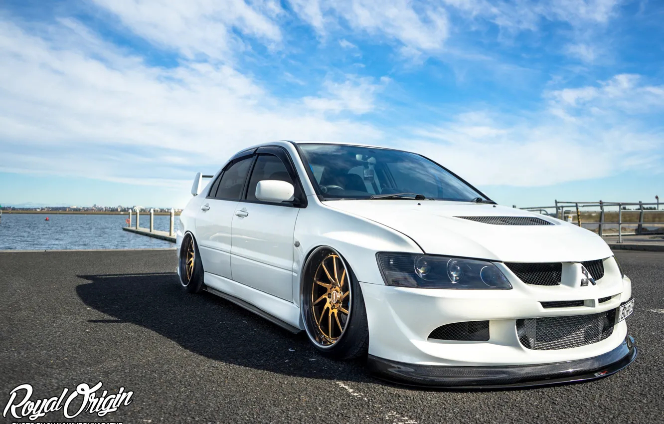 Photo wallpaper Mitsubishi, Lancer, Japan, white, Evolution, Front, tuning, evo