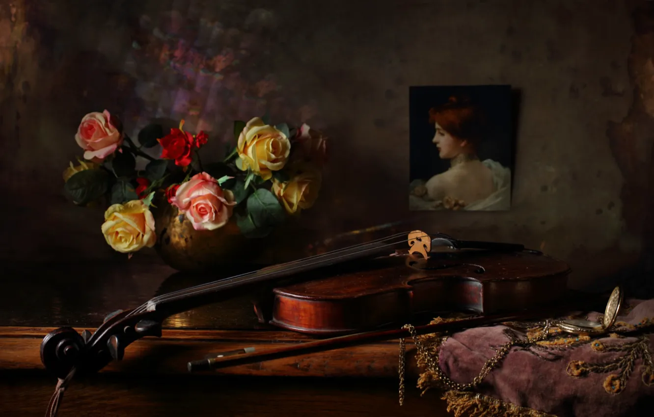 Photo wallpaper violin, watch, portrait, roses, still life