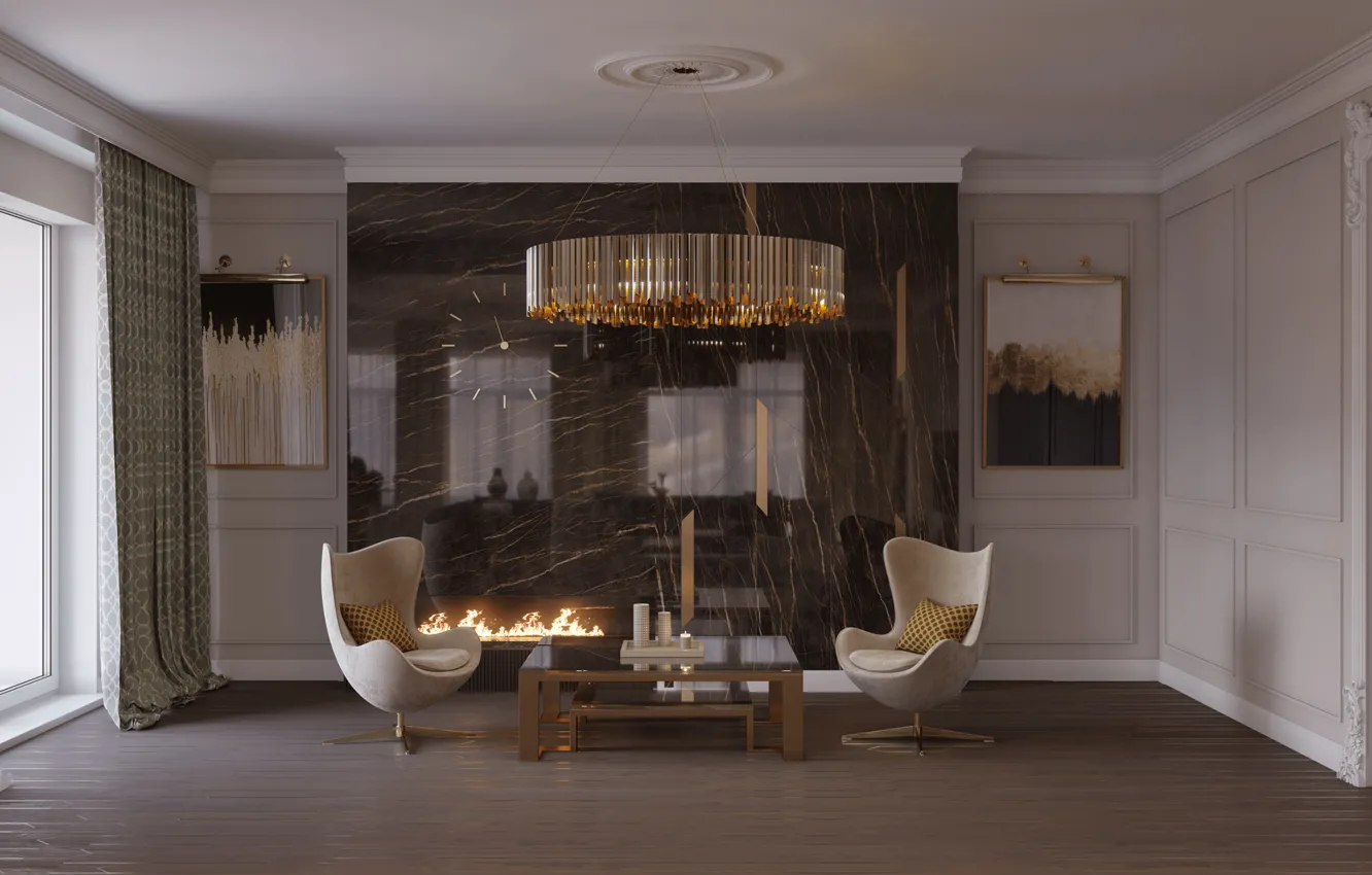 Photo wallpaper design, interior, picture, chair, chandelier, fireplace, living room, best italian interior design