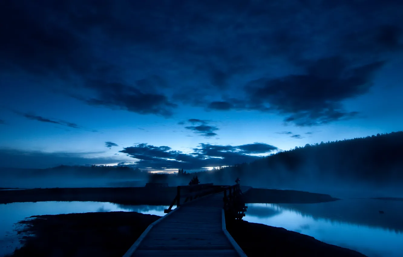 Photo wallpaper the sky, water, landscape, night, blue, bridge