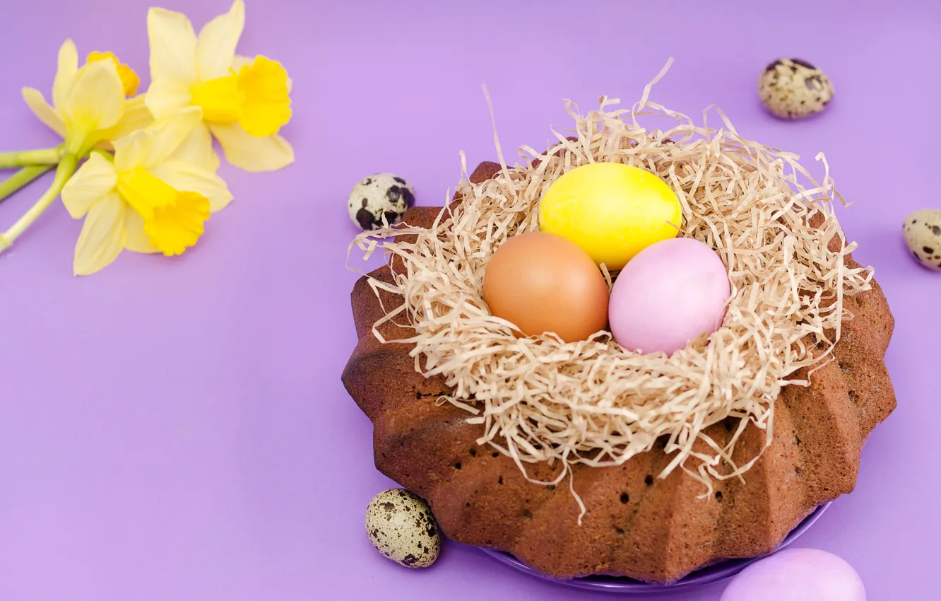 Photo wallpaper flowers, holiday, eggs, spring, Easter, cake, daffodils