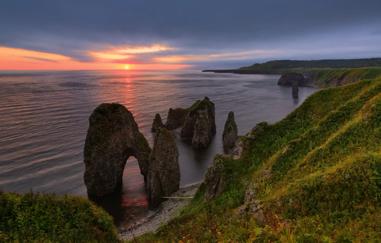 Photo wallpaper sea, landscape, sunset, nature, rocks, coast, The Kuril Islands, Kuril Islands