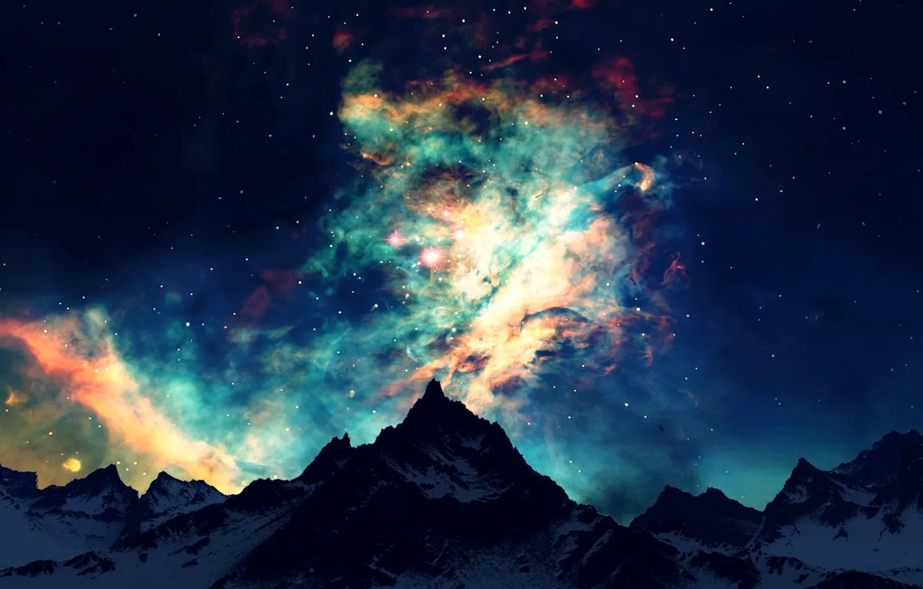 Photo wallpaper light, sky, night, view, mountain, dawn