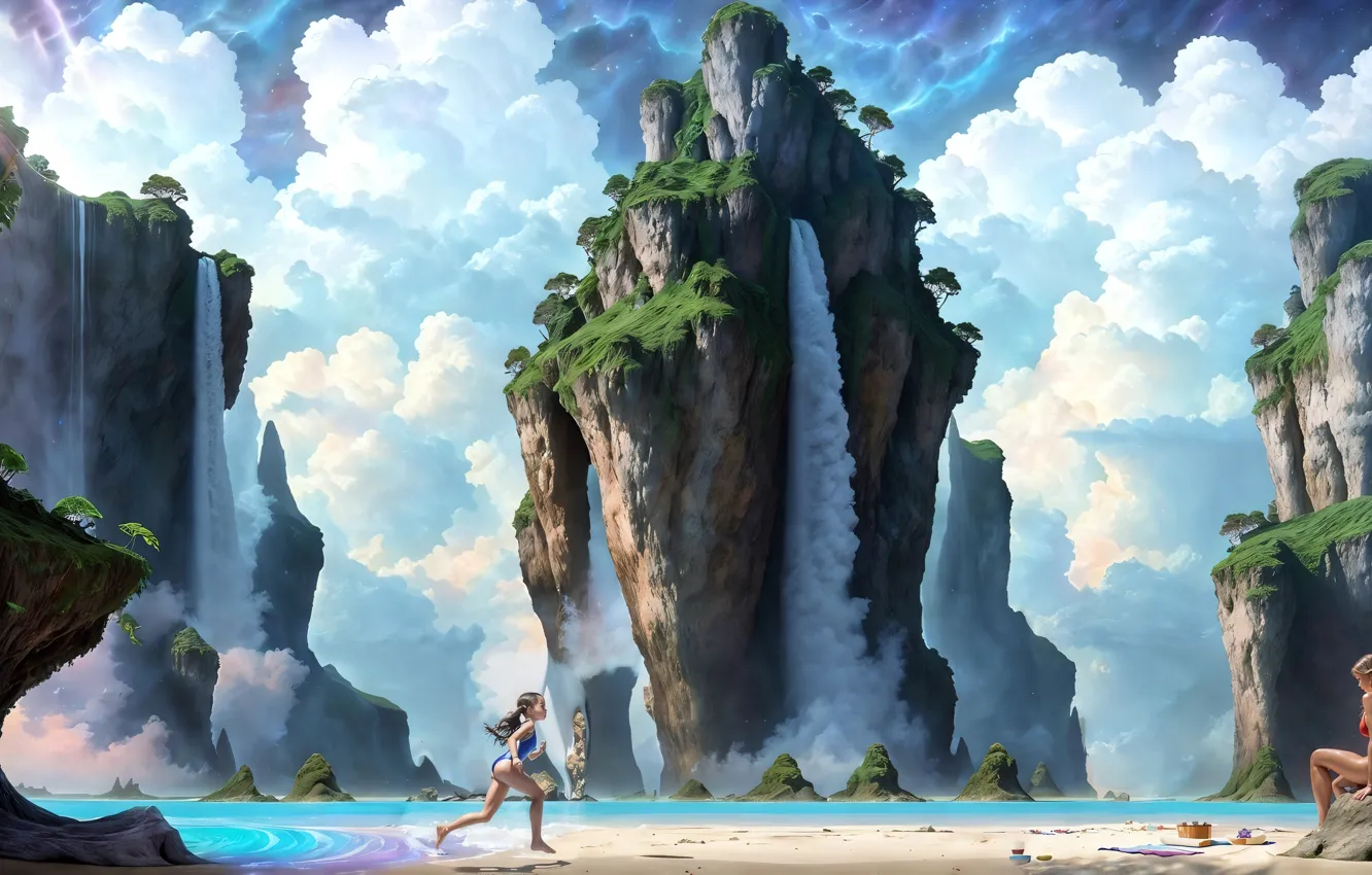 Photo wallpaper sea, stay, waterfall, the floating island, digital art, digital art, summer day, artificial intelligence