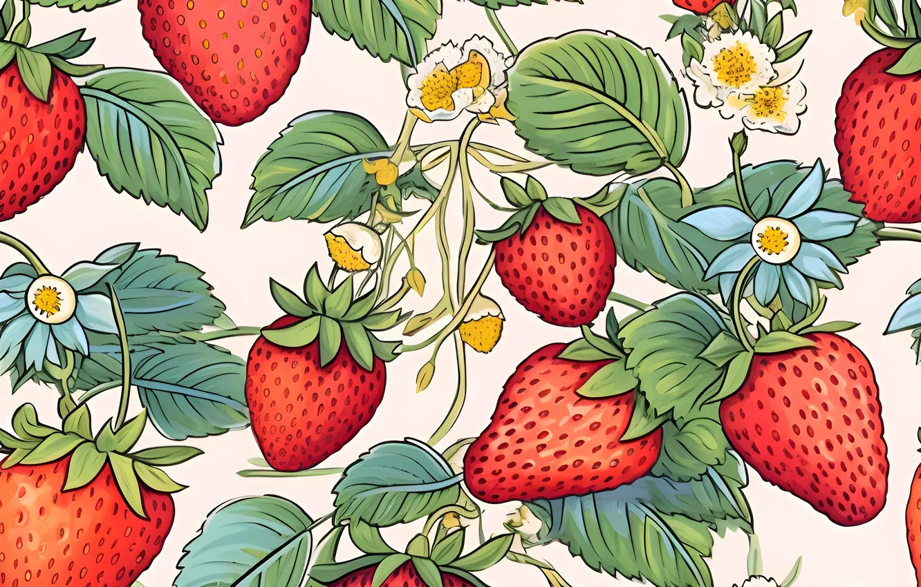 Photo wallpaper summer, leaves, flowers, berries, texture, strawberry, pattern, white background