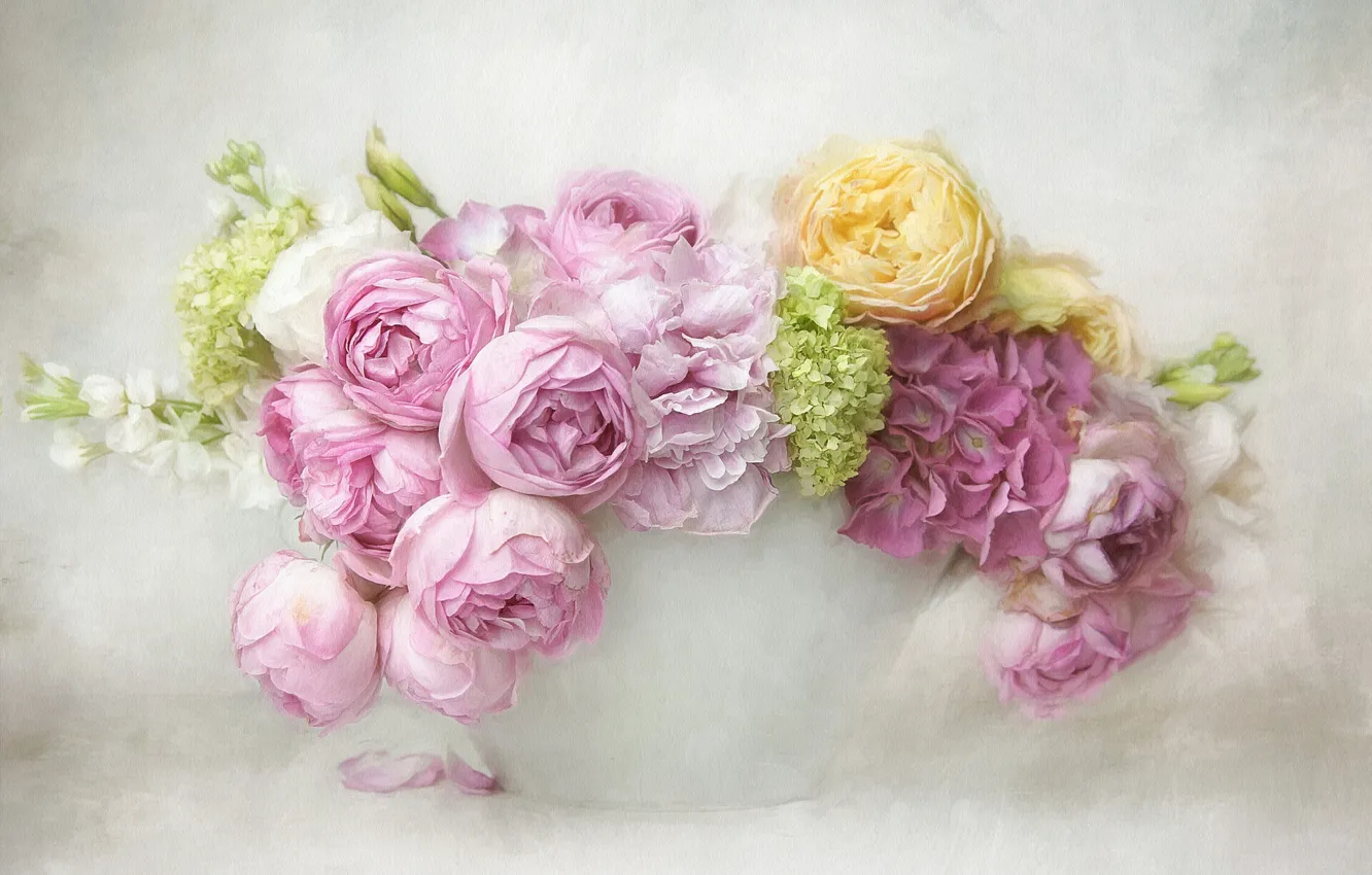 Photo wallpaper flowers, background, bouquet, yellow, petals, art, vase, pink