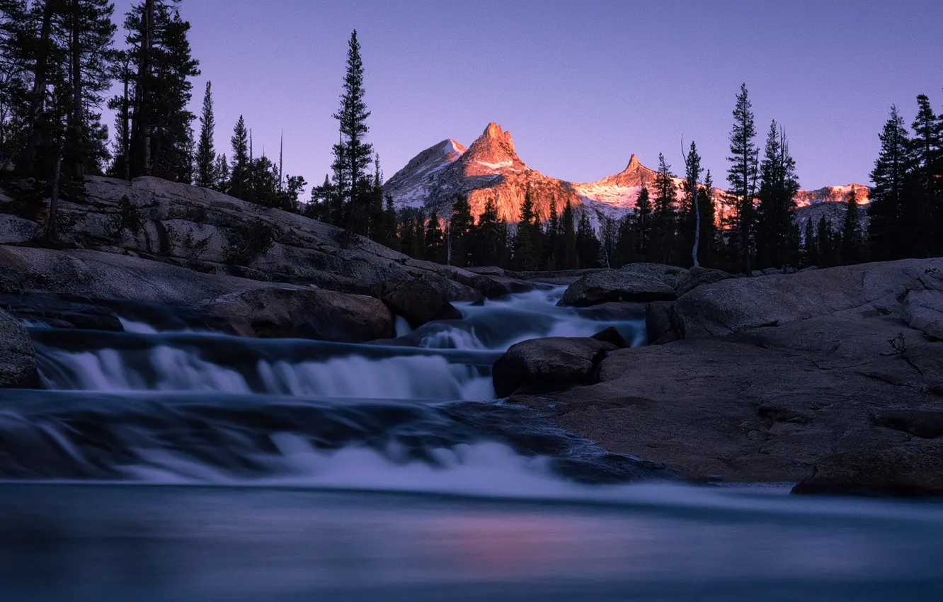 Photo wallpaper trees, mountains, river, tops, waterfall, CA, cascade, California